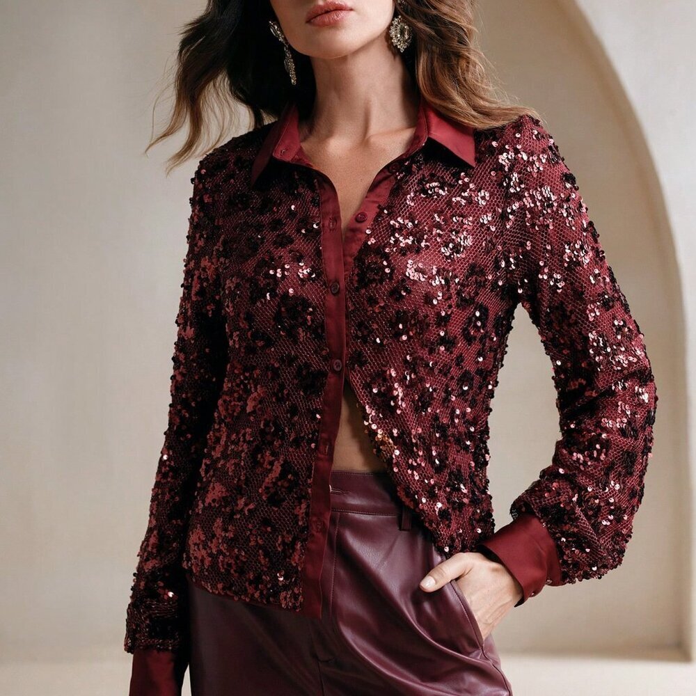 Wine Burgundy Casual Women's Mesh Sexy Sequin Blouse - Picture 5 of 6